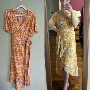 ROXY Wrap Maxi Dress Flowy Gold Lightweight Mosaic Boho Beachy - size M